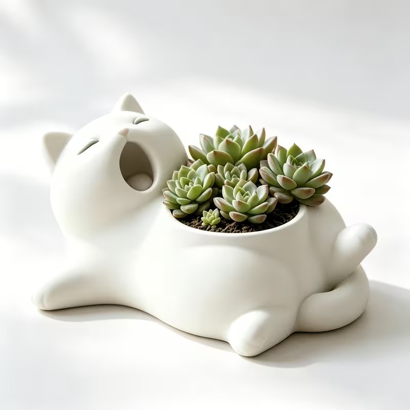 3D Printing Pot - Sevimli Beyaz Kedi Kıran Sıçrayan Kedi